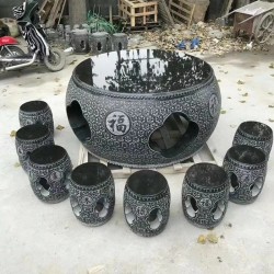 青石圓桌石雕鼓形鏤空石桌雕花石雕象棋桌椅庭院陽臺院子石桌子