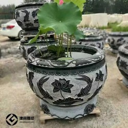 青石鱼缸石雕荷花鱼石缸庭院石雕门海石头水缸